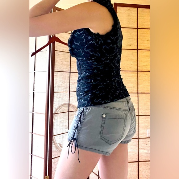 Xoxo y2k vintage black lace open front mandarin collar ruched tank top - Picture 3 of 8